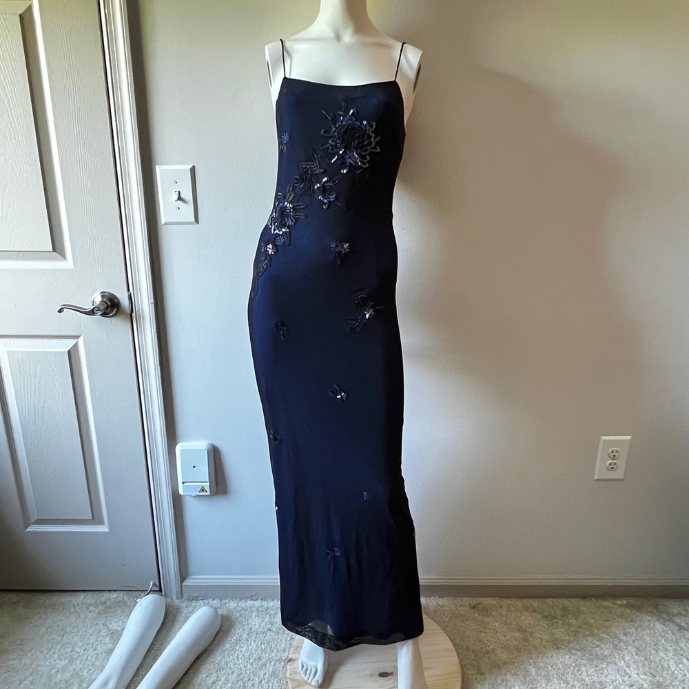 Vintage Y2K Navy Blue Floral Embroidered Beaded Mesh Maxi Slip Dress Size 10